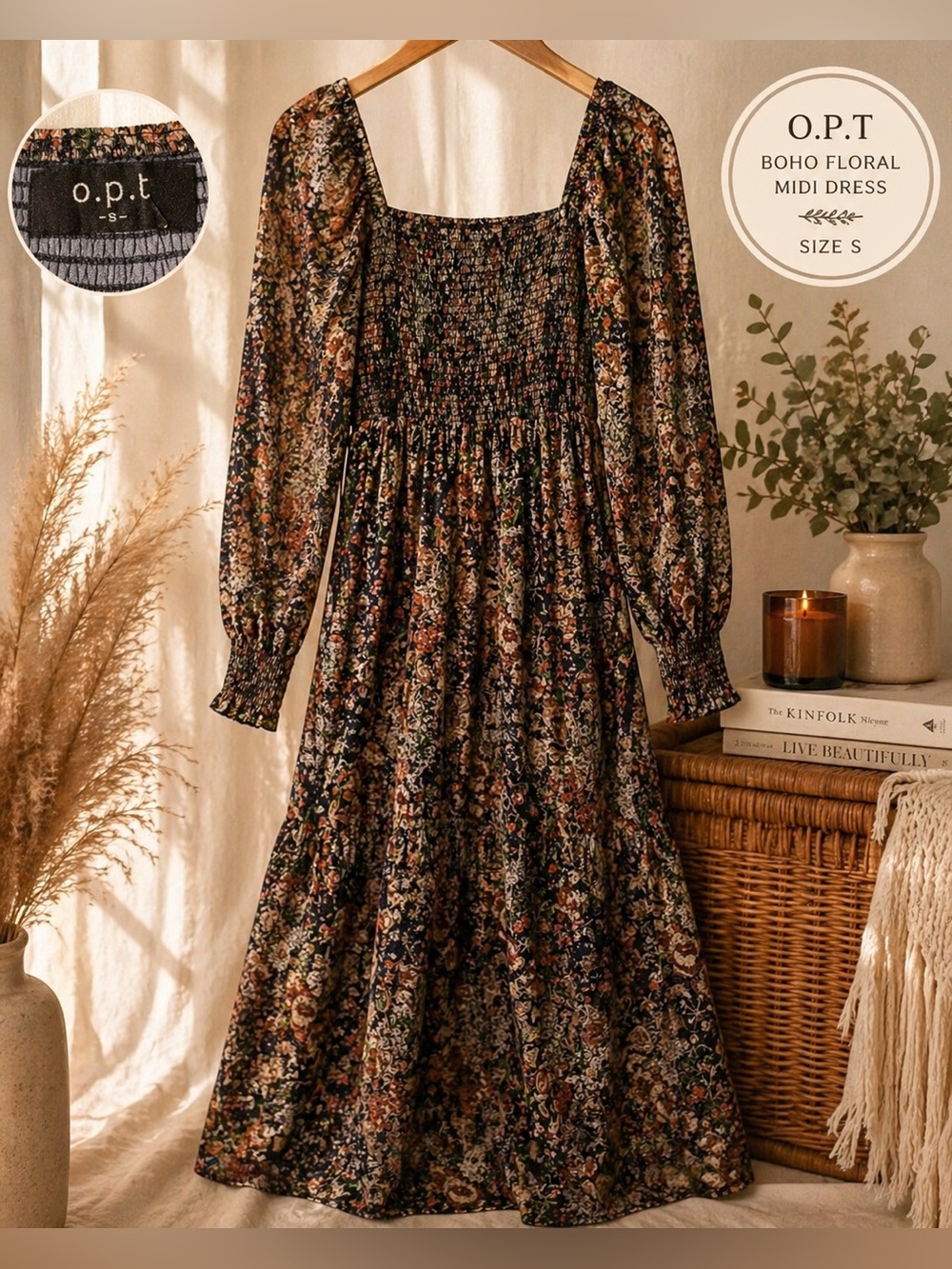 O.P.T Boho Floral Smocked Midi Dress Long Sleeve Cottagecore Fall Small